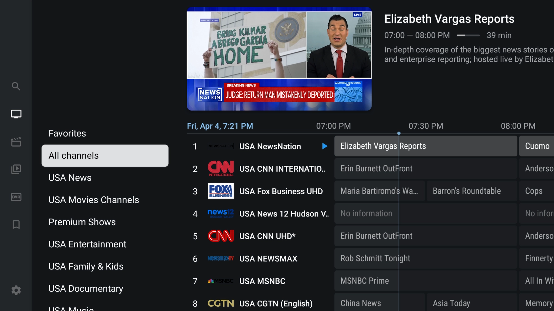 Live channels by category